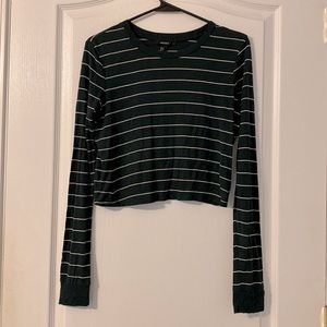 Forever 21 Long Sleeve Green and White Striped Crop Top Tee